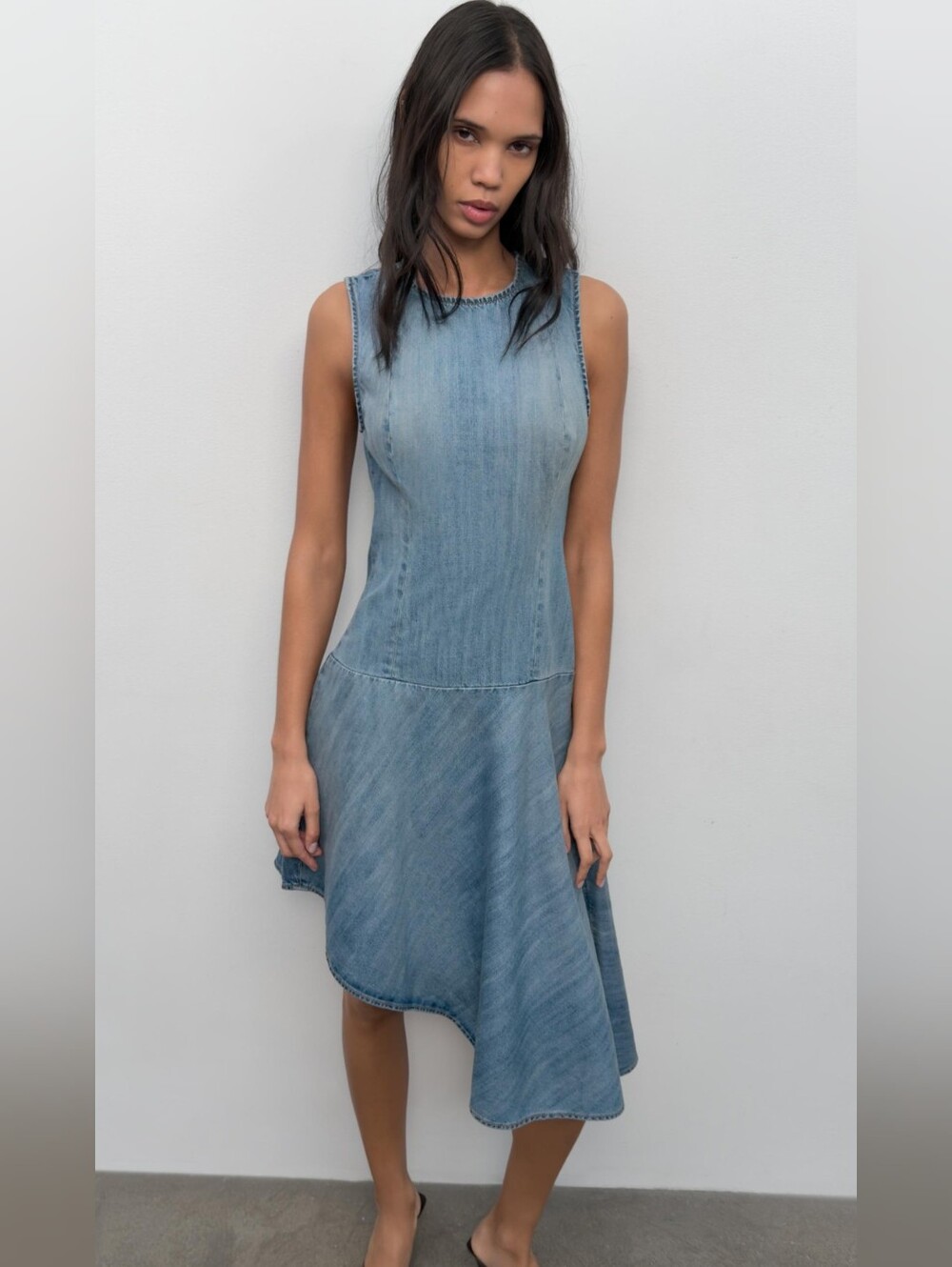 ZARA Light Blue Sleeveless Denim Asymmetrical Dress